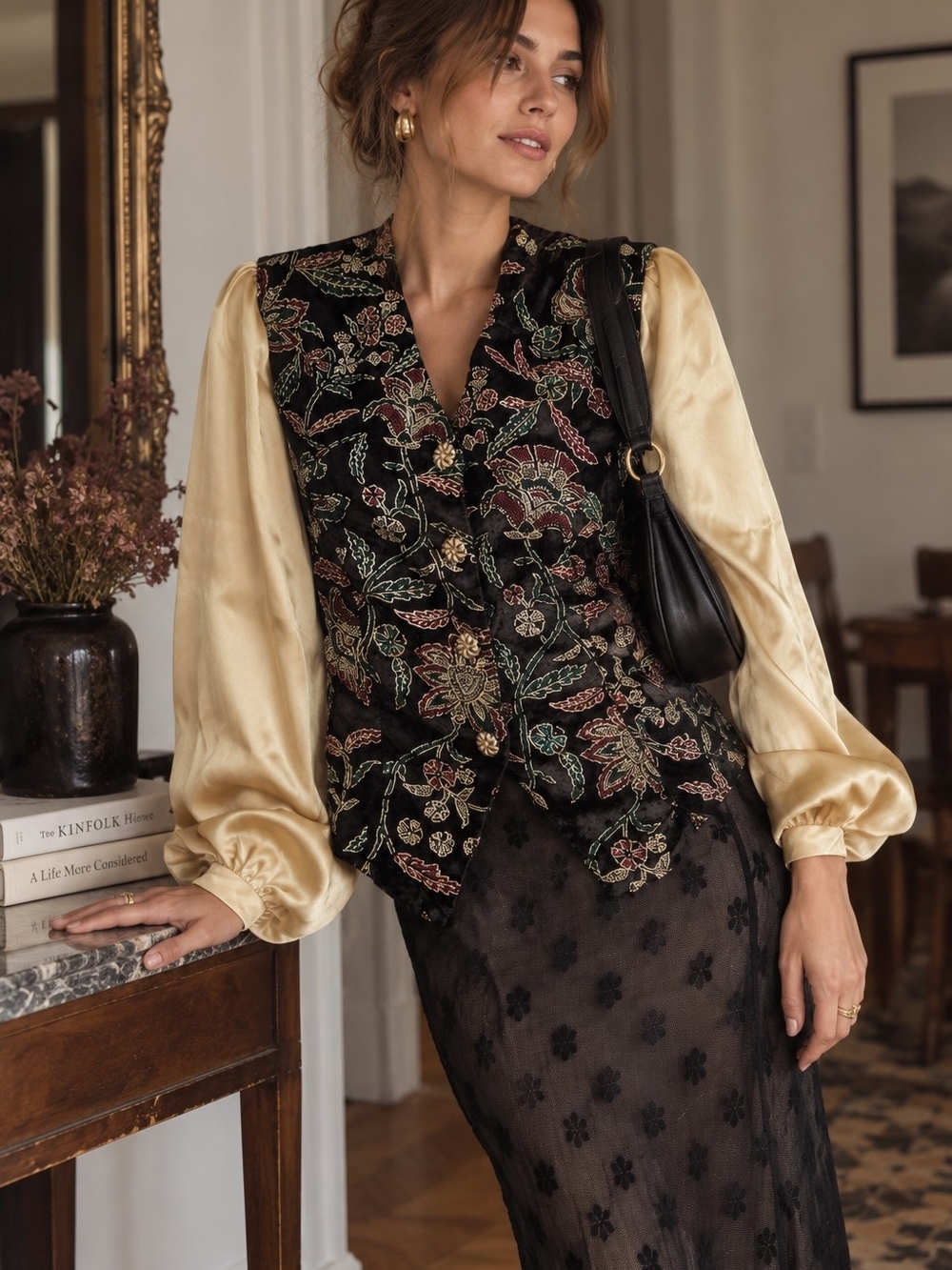 Vintage Carroll Reed Black Velvet Floral Blouse Satin Balloon Sleeves 90s